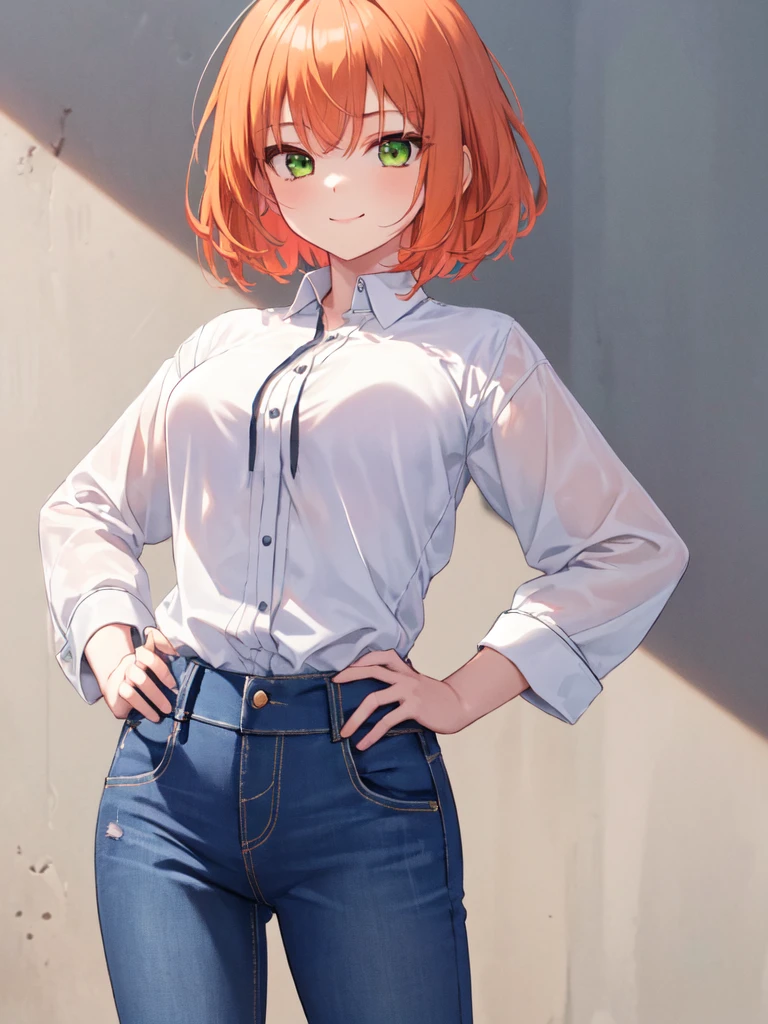  1 girl, solo,  orange hair, bob hair, wavy hair,Beautiful breasts, medium chest ,White shirt,jeans,Slanted Eyes,  green eyes, smiles, closes her mouth,A determined face, standing, putting hands on hips , high definition ,  simple background, Around town,noon, best quality,  anatomically correct , masterpiece,