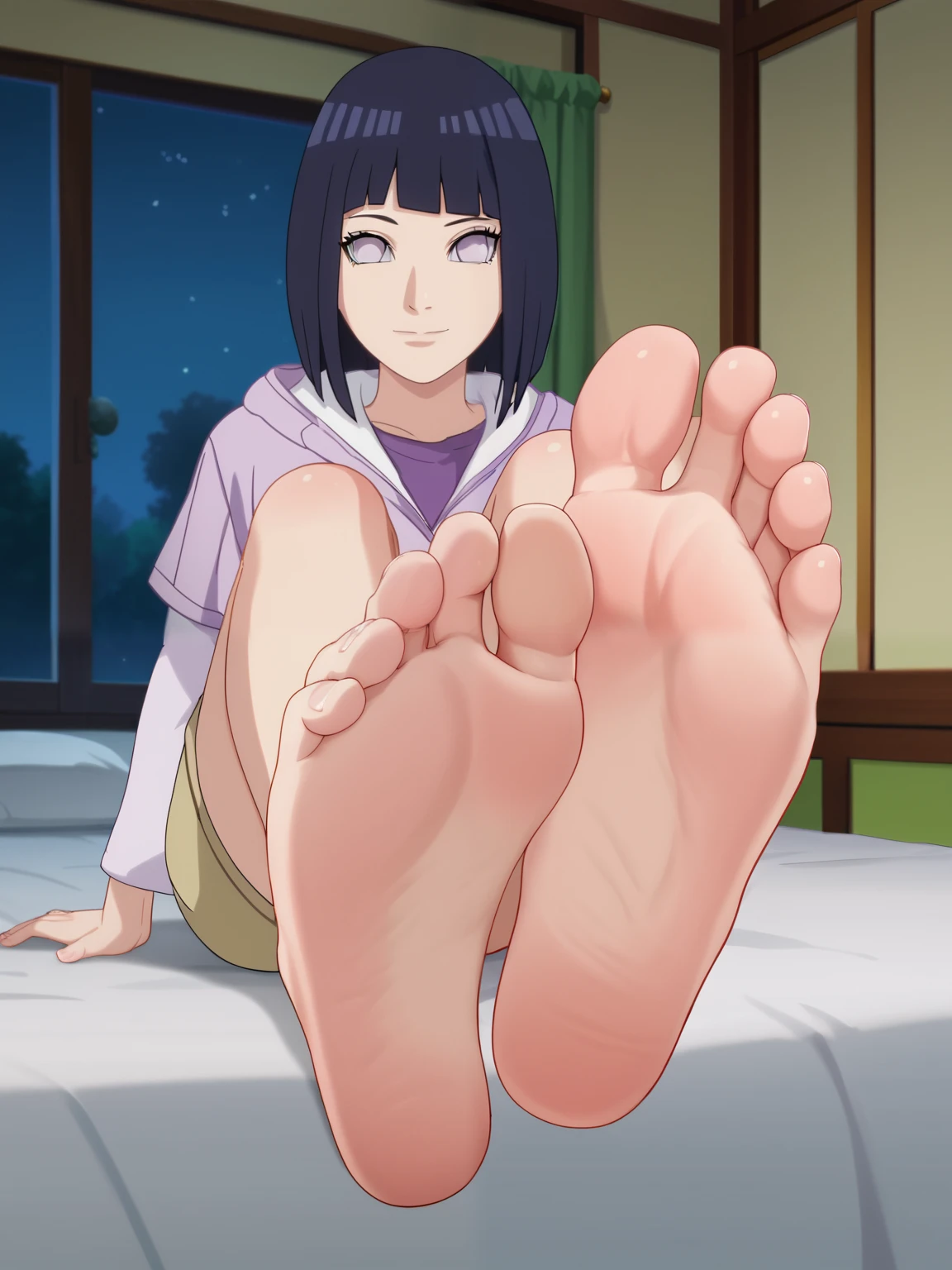 Score_9, score_8_up, source_anime, 1girl, Hinata Hyuga, alone, looking at viewer, in her room, sitting on the bed, night, cowboy shot, ANIME SCREENCAP, anime coloring, barefoot, perfect feet, anatomically correct, soles, focal length 35mm, each foot has five toes, front, symmetrical soles, foot focus, lifting legs to show her soles