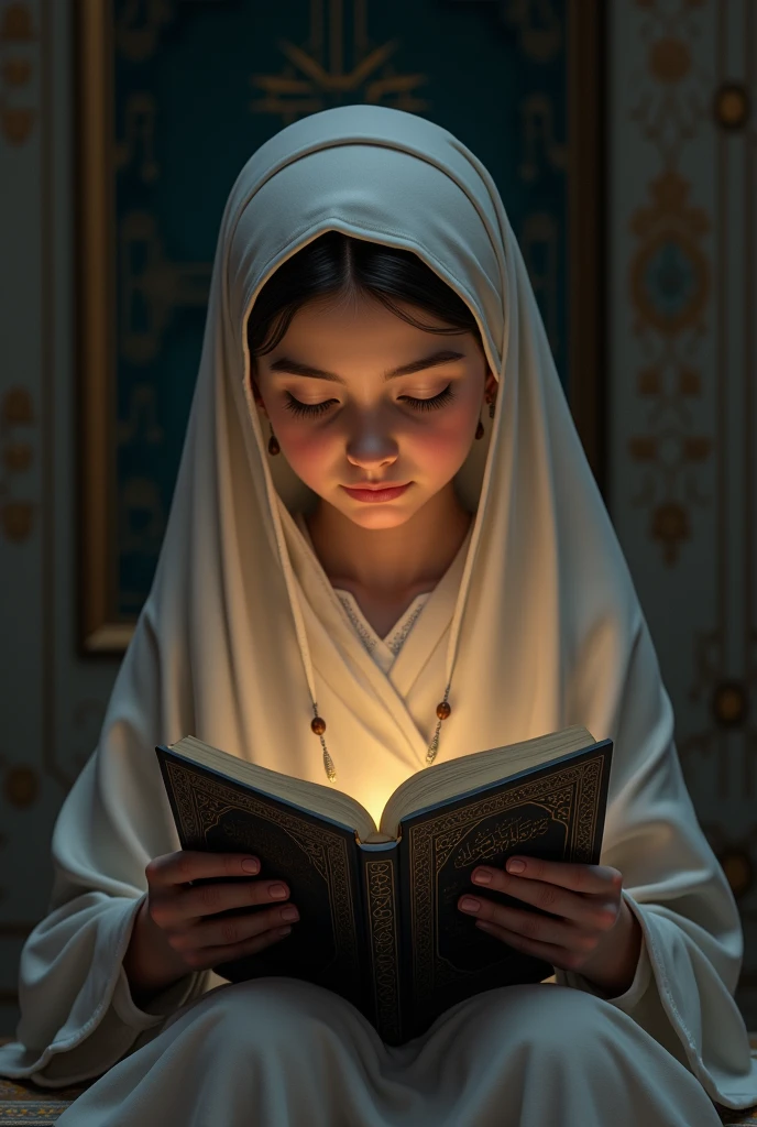 A girl wearing a white mukena kneels on a prayer mat in a dimly lit prayer room, holding a copy of the Koran and looking far ahead., while there is the spirit of his mother who is smiling. Make it realistic