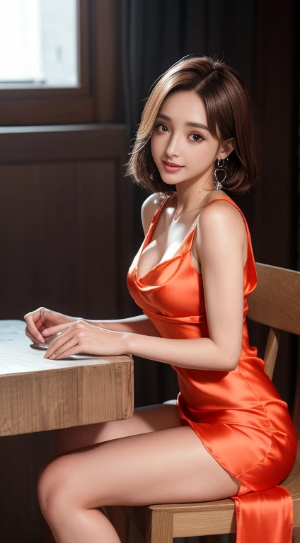 きらめくnight景、Orange elegant dress、Earrings、necklace, (Shapely small breasts), Cleavage、The clavicle is visible、Brown Hair,Wink with a provocative smile、(Japanese actress with bob hair)、Cinematic light, Realistically, masterpiece, Highest quality, Complex CGI,Highly detailed face,Eye for detail,The mouth is shaped like a KISS、(Knee to upper body)、Hotel Lobby、Sitting on the sofa with legs crossed、night、Professional Lighting、