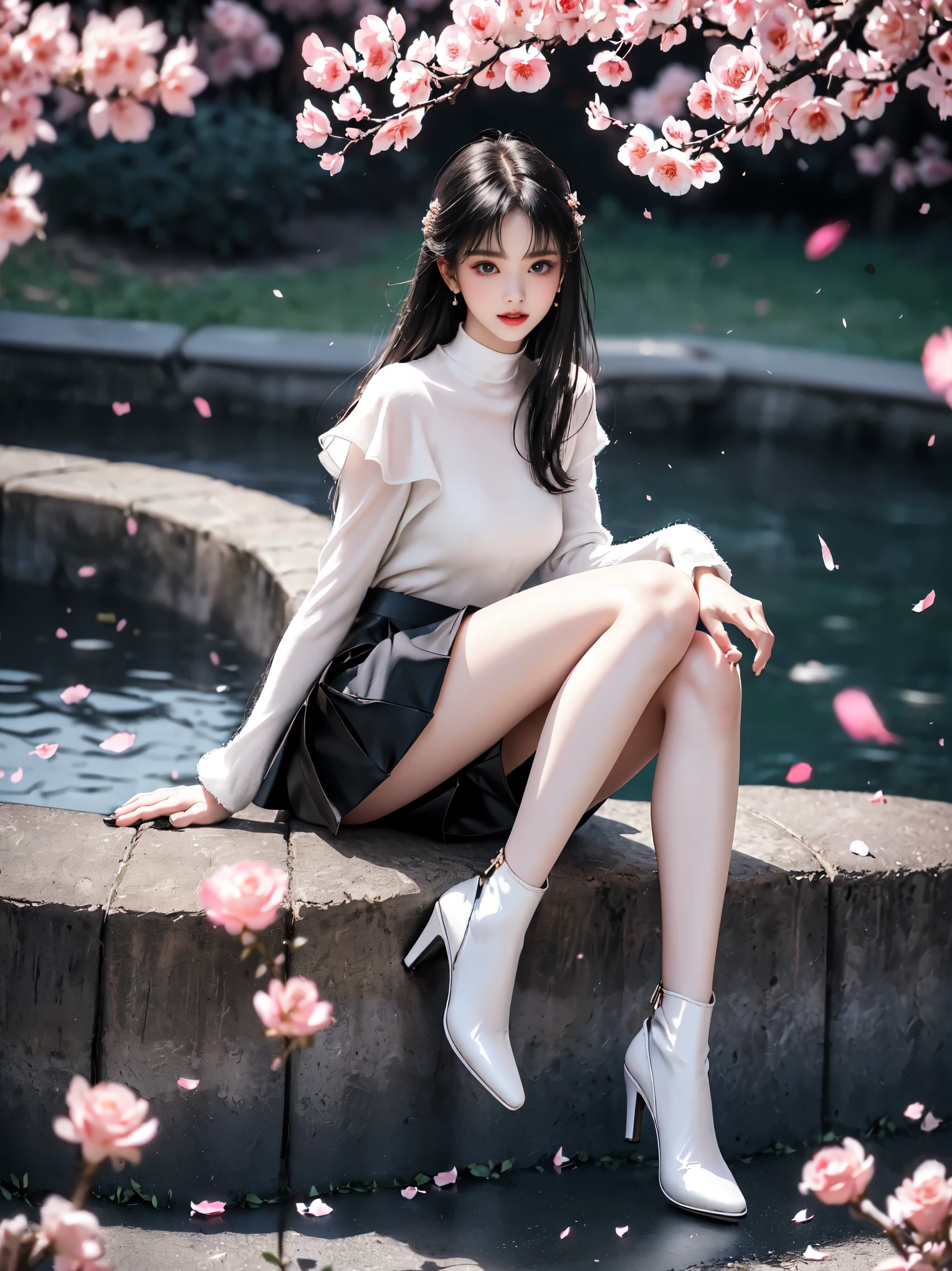 wh1t3,worn white sweater,black latex thighhighs,black skirt, black platform boots (sitting cross-legged elegantly on a surface:1.4), (one leg slightly bent:1.3), (relaxed shoulders and straight back:1.2), (comfortable natural sitting pose:1.3), (beautiful slim young woman:1.4), (anatomically correct proportions:1.5), (long slender legs:1.6), (natural elegant posture:1.3), soft lighting, detailed anatomy, (sitting on scattered rose petals:1.3), (short skirt:1.4), floating cherry blossoms, (gentle breeze motion:1.3), confident expression looking at camera, natural makeup, silky hair with accessories, warm ambient lighting, shallow depth of field, professional photography, masterpiece quality, 8k UHD