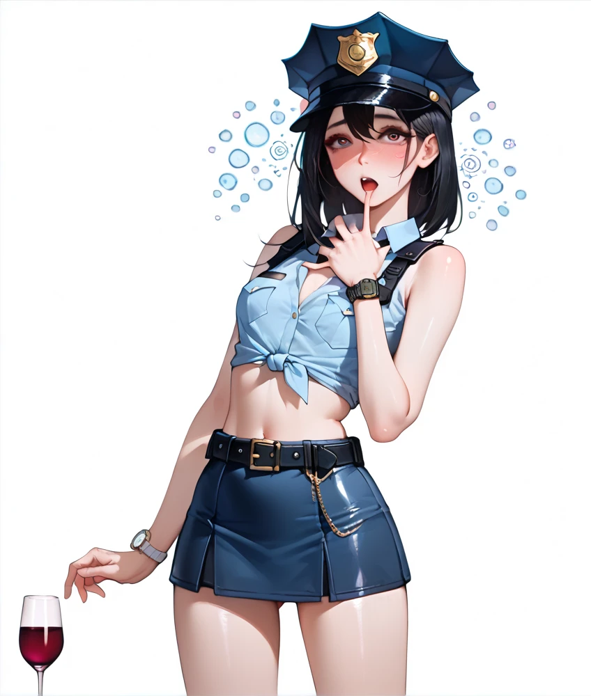 Japanese beauty naked,Police Belt,Watch on wrist,Drunk,Embarrassed by hiccups、Standing in front of a white wall、Above the knee shot