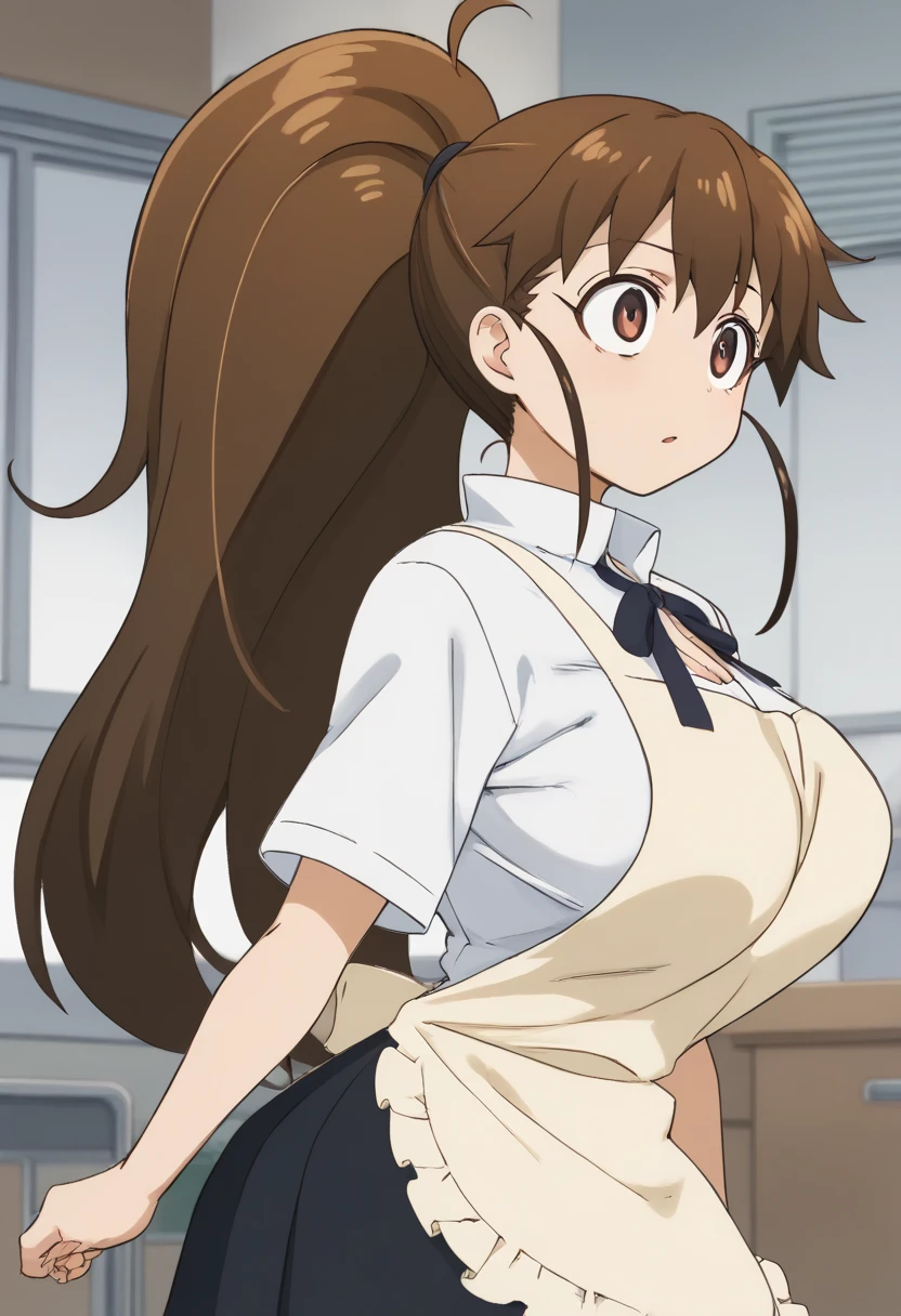  score_9,  score_8_up,  score_7_up, evaluation_Explicit,   anime screen cap,  cowboy shooting,  1 girl, Alone, In progress!!, Taneshima Poplar,  Brown Eyes ,  brown hair,  long hair,  ponytail, Big Breasts,  white shirt,  black skirt  ,apron, One legged paeti,Black socks, Popular School Uniforms,  look at the viewers, from side, hollow eyes,naked