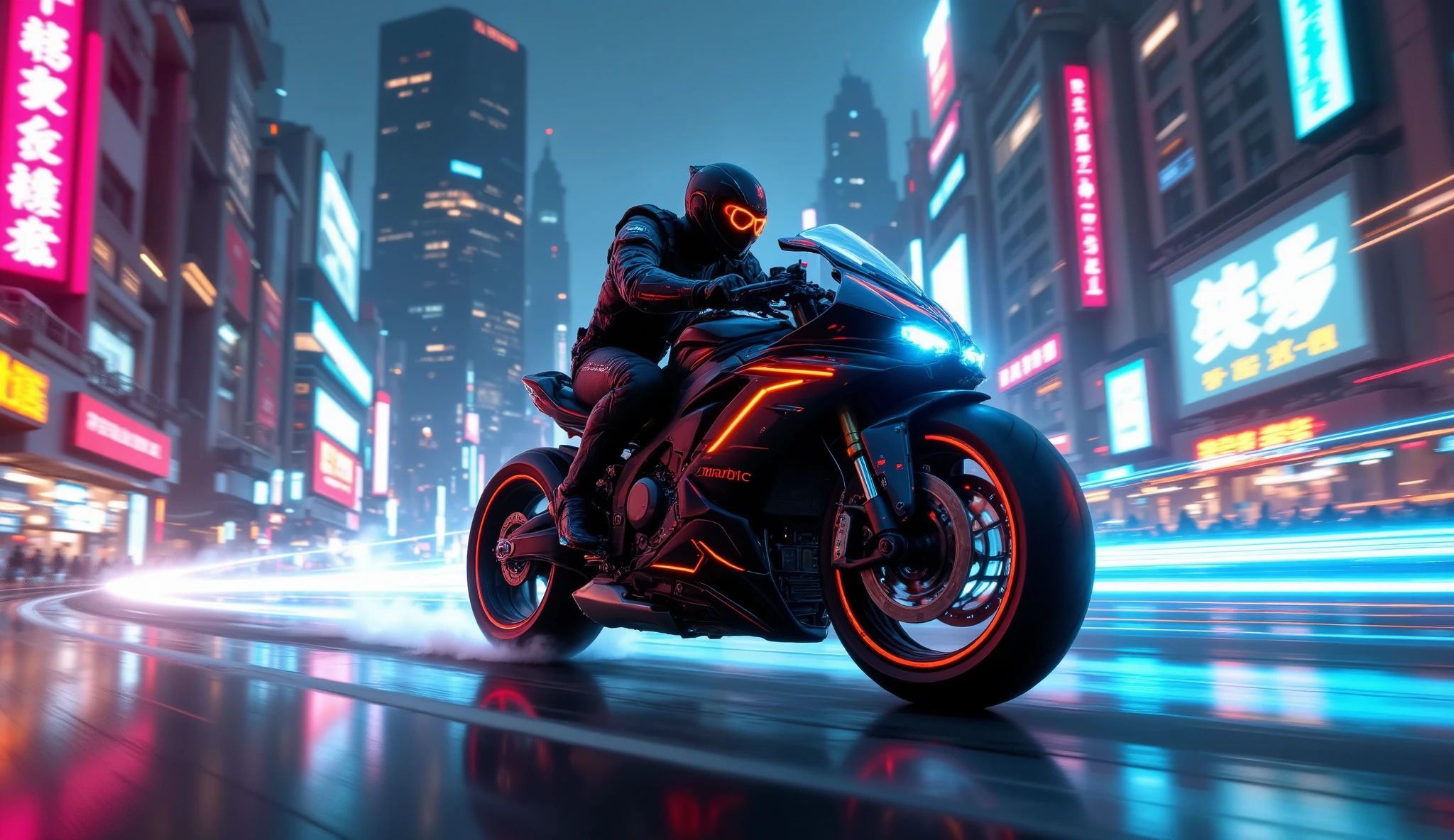 a tech man , 1man ,a high tech futuristic cyberpunk city,a riding a futuristic super bike at high speed,wearing a sleek black and neon outfit with goggles,chasing cinematically through the neon-lit streets,ultra detailed, 8k, hyper realistic, cinematic lighting, volumetric fog, depth of field, photorealistic, vibrant colors, 8k, high quality, photorealistic, 8k, (best quality,4k,8k,highres,masterpiece:1.2),ultra-detailed,(realistic,photorealistic,photo-realistic:1.37)
