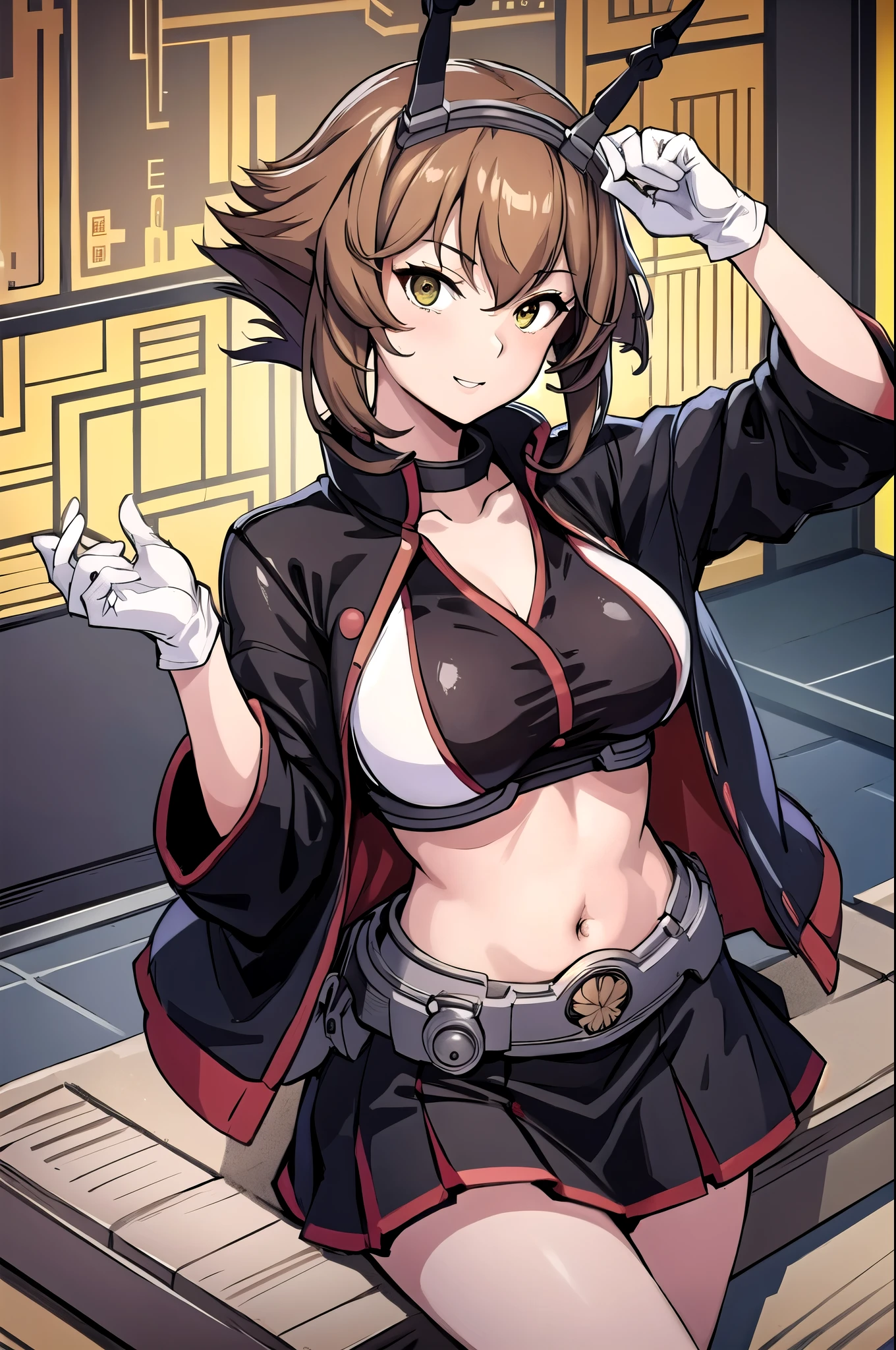 ((  Masterpiece )),(  best quality ),(Mutsu Kaiji Fleet Collection:1.15), Highly Detailed CG, super detailed,(indoor,  office,  living room), , one girl,Alone,white_Gloves,brown_hair,short_hair,big_Chest,black_ skirt,green_eye, headgear ,プリーツ skirt,smile, abdomen,ミニ skirt,hairband,belly button,Chestの谷間,wireless_antenna,Flipped_hair,, Big Breasts