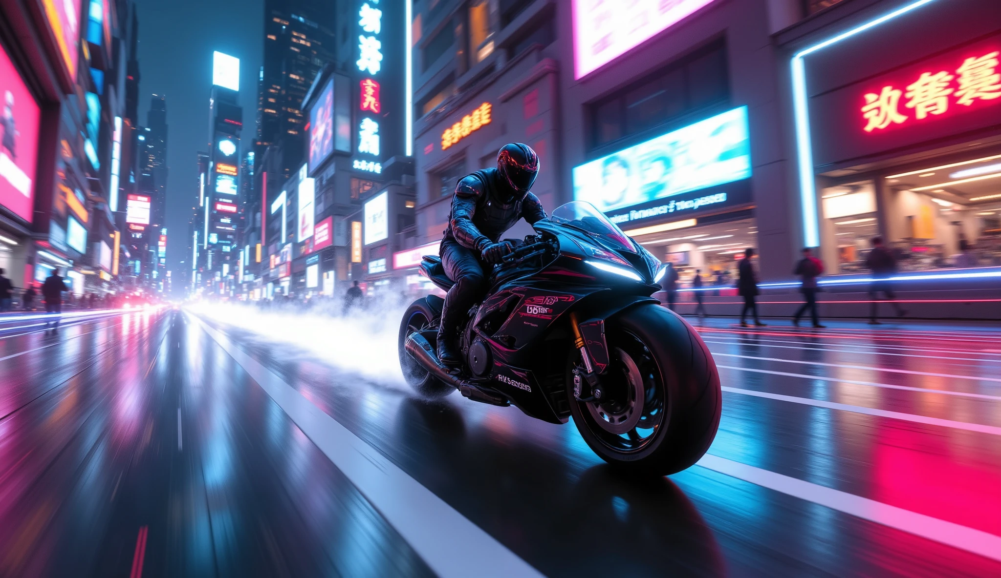 a tech man , 1man ,a high tech futuristic cyberpunk city,a riding a futuristic super bike at high speed,wearing a sleek black and neon outfit with goggles,chasing cinematically through the neon-lit streets,ultra detailed, 8k, hyper realistic, cinematic lighting, volumetric fog, depth of field, photorealistic, vibrant colors, 8k, high quality, photorealistic, 8k, (best quality,4k,8k,highres,masterpiece:1.2),ultra-detailed,(realistic,photorealistic,photo-realistic:1.37)
