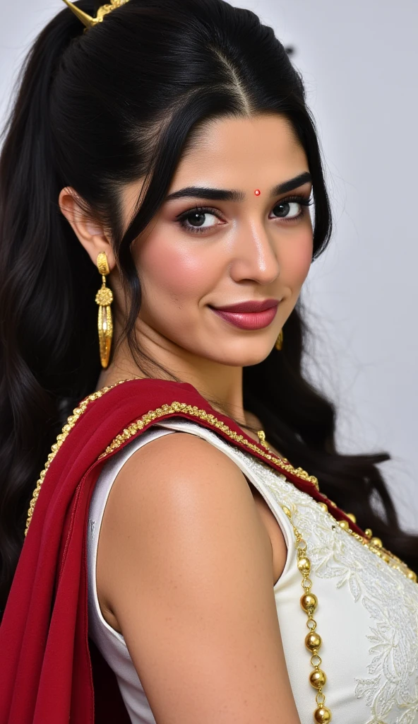 SHE-RA (( MASTERS OF THE UNIVERSE)), (( 80 YEARS )), NORSE VEMALE BEAUTY, HUGE LONG Black HAIR, HIGH CHEEKBONES, ROSY CHEEKS, MENTAL FORAMEN, BLUE EYES LOOKING AT CAMERA, RED CAPE, WHITE BODYSUIT, GOLDEN TIARA, GOLDEN GAUNTLETS, MITHOLOGY, MASTERPIECE, 8K (cinematic:1.3), intricate details, (ArtStation:1.2)