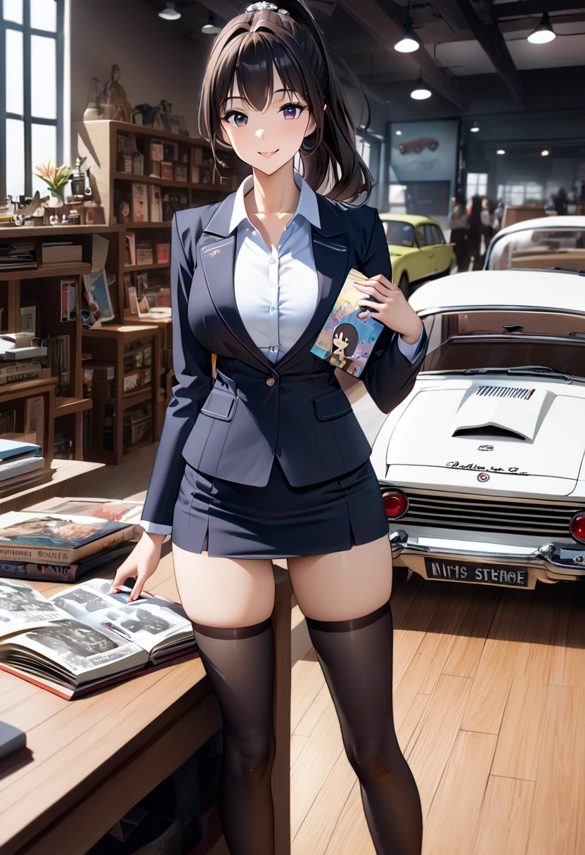  best quality、 Ultra Precise 、Detailed drawing、 vibrant colors、alone、Beautiful girl 、Age 30、classic car shop、table、Beautiful big boobs、 business suit、 shirt 、Name tag、 Mini Skirt、 black stockings、Catalog book in hand 、smile、Beautiful figure、 ponytail、Butt、 see here、 slender figure、Accurate depiction、 anime style illustration、
