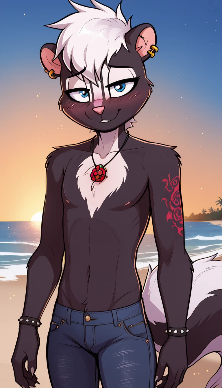 masterpiece, best quality, nervous expression, male, anthro, furry, black fur, fluffy fur, French skunk boy, furry, skunk ears, animal nose, cute eyes, blue eyes, skunk tail, white hair, long stable emo hair, (white emo hair), solo, (beach), sunset, detailed, punk style, buff muscular chest, tattoo on chest, jewelry, necklace, earrings, punk aesthetic,  black tuxedo jeans, shy, head tilt, adult (19 years), flat chest, buff thighs, half-closed eyes, blush, looking at the viewer, standing, (kilinah), light particles, score_9, score_8_up, score_7_up, score_6_up, score_5_up, score_4_up