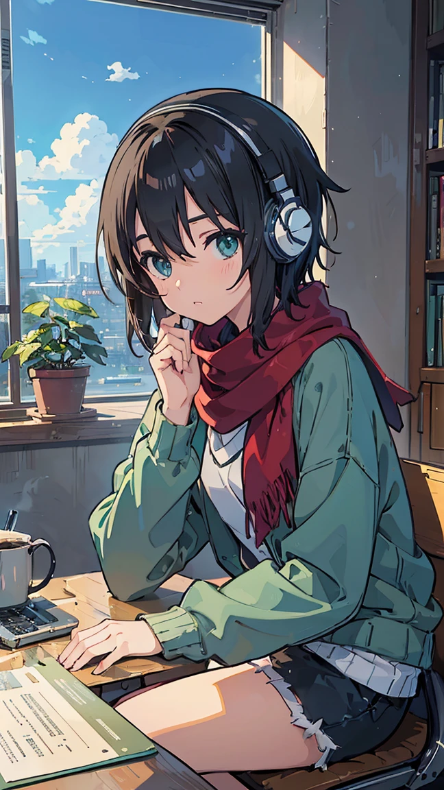 ((  best quality )), ((  Masterpiece )), ((  super high resolution)), (( super detailed)), ( An animated girl is sitting at her desk using a laptop and headphones), (Light green sweater), ( black shorts), ( Red scarf with black stripes), ( black hair), ( deflect your eyes:1.4),  cute eyes from the right, Potted plants, Books, Bookshelf, Books, Bookshelf,   knight , digital  anime illustration, Keyframe Illustration,  Gwaites style artwork , Makoto Shinkai&#39; Art Style , Portrait of Roffey,   Digital Animated Art  , Makoto Shinkai style, Lofi Girl, (Sitting at a desk and hitting a keyboard ),  Anime Style Illustrations , ロフィ Art Style ,  anime illustration