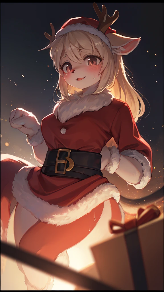 Best Quality, 4K, hight resolution, ultra-detailliert, accurate anatomy, Precise proportions, Low lighting, night time, ally, snow, I can see the sky, 1girl in, Petite, Tobler, Lori, flat chest, Smiling, shinny skin, luster skin, (santa clothes:1.2), boots, Full body shot, crouching