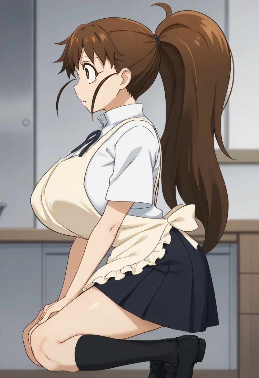  score_9,  score_8_up,  score_7_up, evaluation_Explicit,   anime screen cap,  cowboy shooting,  1 girl, Alone, In progress!!, Taneshima Poplar,  Brown Eyes ,  brown hair,  long hair,  ponytail, Big Breasts,  white shirt,  black skirt  ,apron, One legged paeti,Black socks, Popular School Uniforms,  look at the viewers, from side, hollow eyes,naked, when the sun shines, look here