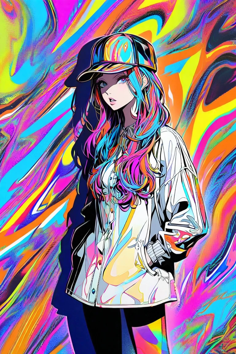 1girl, Alone, hat, hands_in_pockets, multicolored_hair, shadow, parted_lips, bangs, standing, white_shirt, looking_at_viewer, shirt,psychedelic background