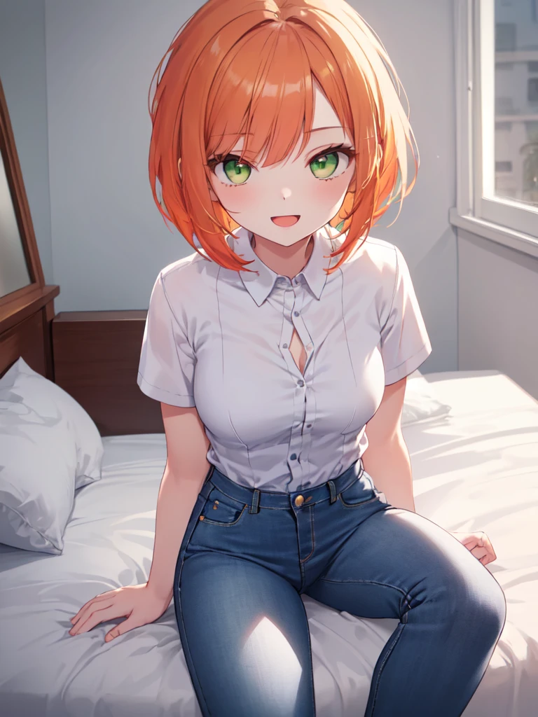  1 girl, solo,  orange hair, bob hair, wavy hair,Beautiful breasts, medium chest ,White shirt,jeans,Slanted Eyes,  green eyes, smiles, Open Your Mouth Slightly ,A determined face,Cheeky face, sitting on the bed,Sitting cross-legged, high definition ,  simple background, bedroom,noon, best quality,  anatomically correct , masterpiece,