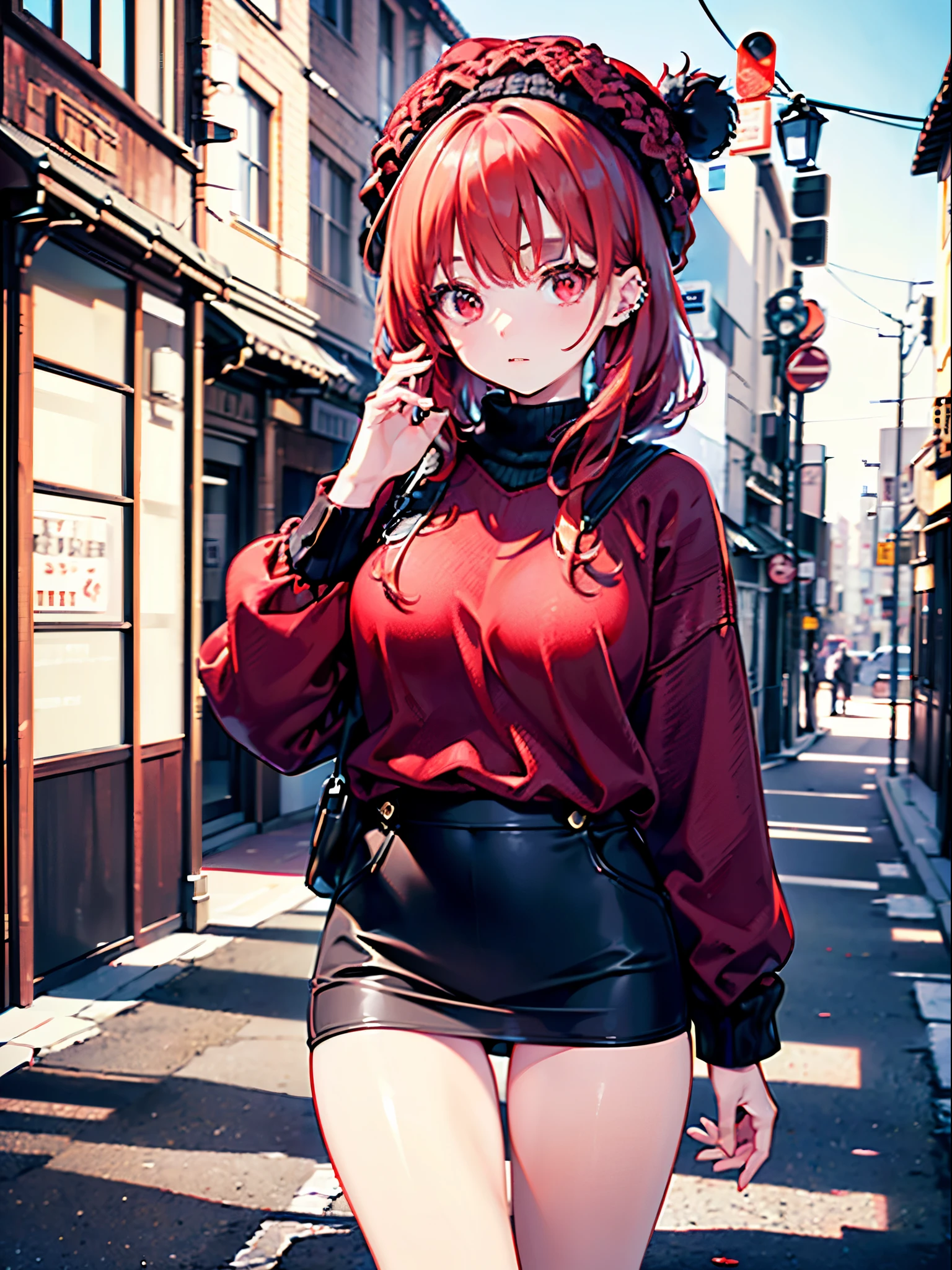Realistic,highest quality, Ultra Detail, High-quality CG rendering, The most delicate and beautiful, Floating softly, High resolution, (1 girl), (Highest quality,4K,8K,masterpiece:1.2),(All red hair:1.5), (Medium Hair:1.5),(Red eyes:1.5), (Black leather jumper:1.3)、(Black Skirt:1.3),(Black boots:1.3)、(Black knitted hat:1.3)、pierced left ear,In the city,old buildings,(Turn your back to your audience:1.3),Ass,Small black shoulder bag,smile