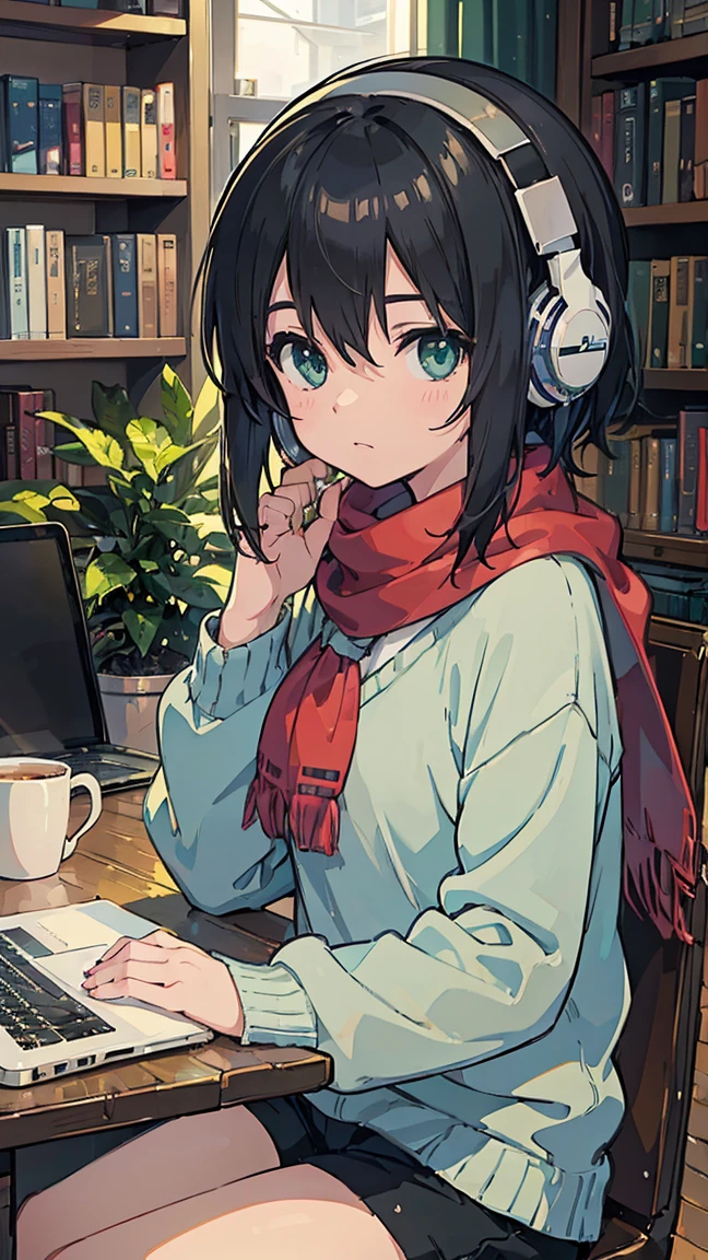 ((  best quality )), ((  Masterpiece )), ((  super high resolution)), (( super detailed)), ( An animated girl is sitting at her desk using a laptop and headphones), (Light green sweater), ( black shorts), ( Red scarf with black stripes), ( black hair), ( deflect your eyes:1.4),  cute eyes from the right, Potted plants, Books, Bookshelf, Books, Bookshelf,   knight , digital  anime illustration, Keyframe Illustration,  Gwaites style artwork , Makoto Shinkai&#39; Art Style , Portrait of Roffey,   Digital Animated Art  , Makoto Shinkai style, Lofi Girl, (Sitting at a desk and hitting a keyboard ),  Anime Style Illustrations , ロフィ Art Style ,  anime illustration