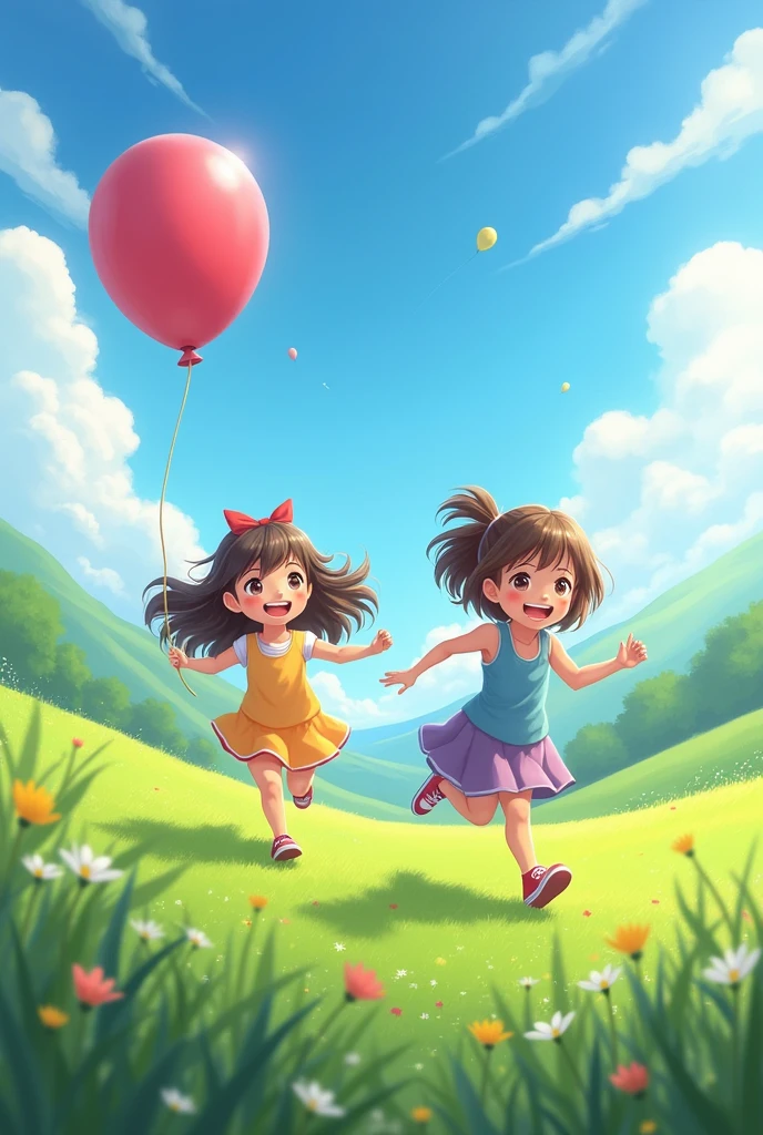 /imagine prompt: Two little girls running on the prairie, One of them was holding a bunch of colorful balloons. On a sunny day, Children are playing, Blue sky and white clouds, Real details, 3D characters, C4D,