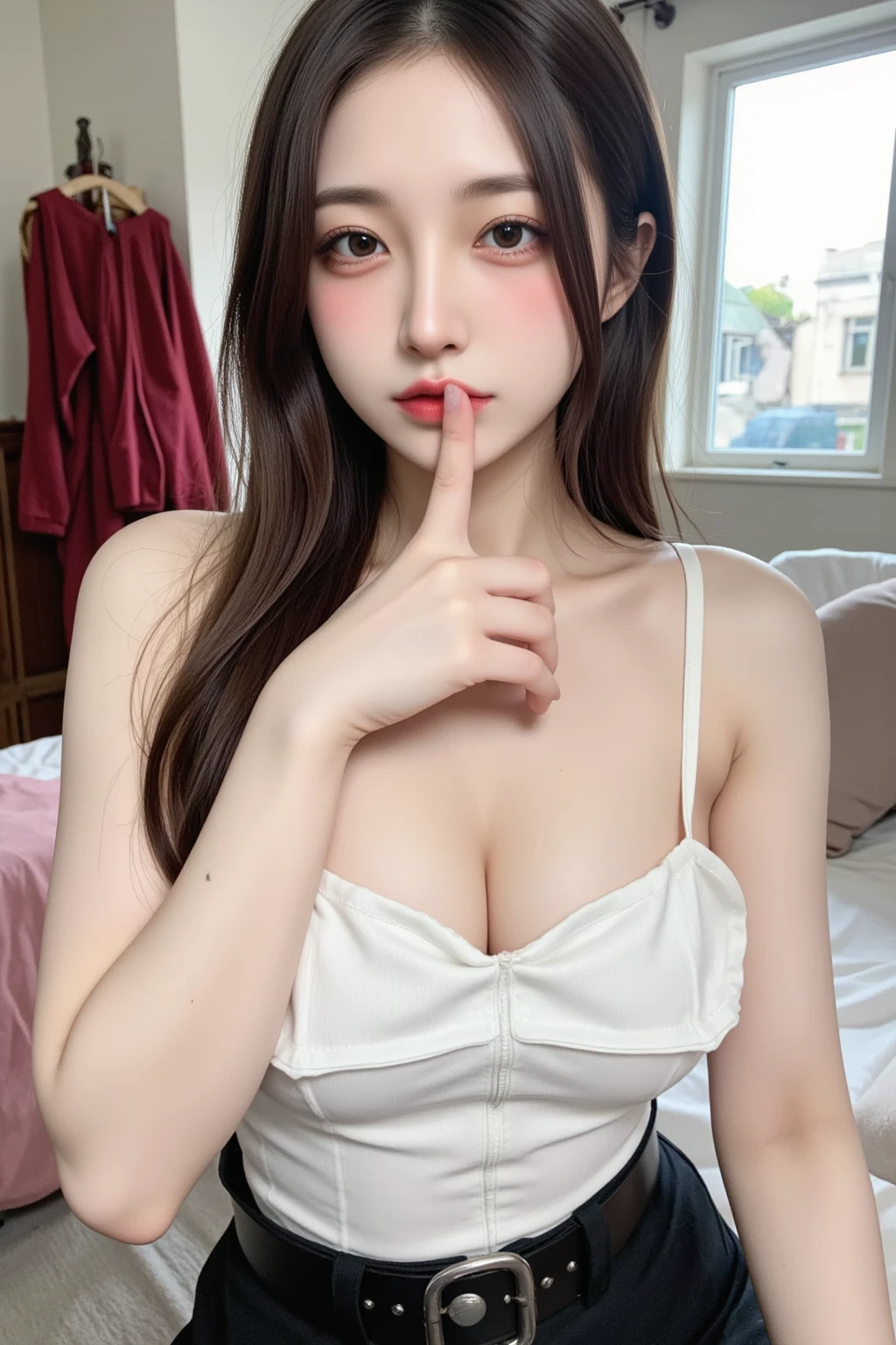 ((realistic, pale white skin:1.3,high resolution:1.3)), 1 girl with perfect figure, super fine face and eyes, long hair, white lace veil: 1.2 , in bedroom, sit on the bed, gigantic breasts, exposed cleavage