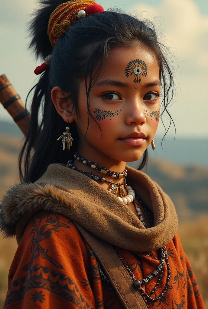 8K, top quality, (boy eight years old), Boy-, ultra-detailed information, Native American, outer attire, feather headdress, tribal patterns, natural background, proud expression, Cultural heritage