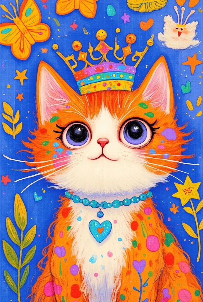 pretty illustration of cat, bright rustic palette, in the style of bold block prints, alice pattullo, Laurie hastings, claire halifax, soft, fauvist color explosions, miniature and small, paintings, stenciled iconography