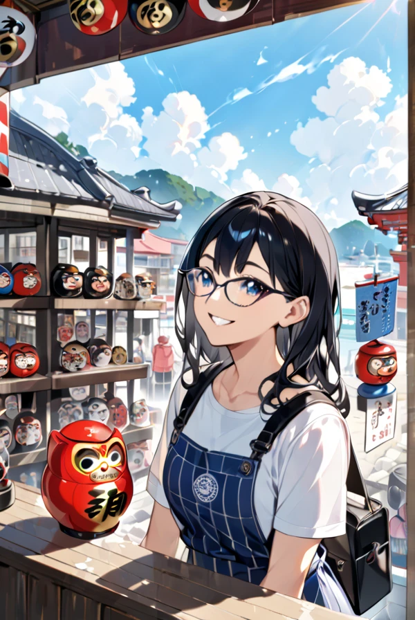 Black hair, glasses, a smile, a souvenir shop in a tourist spot, a big Daruma doll,