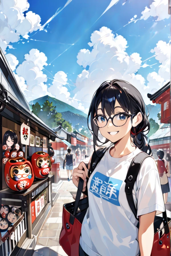 Black hair, glasses, a smile, a souvenir shop in a tourist spot, a big Daruma doll,