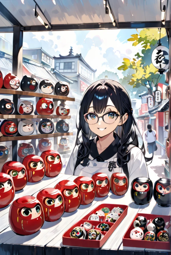 Black hair, glasses, a smile, a souvenir shop in a tourist spot, a big Daruma doll,