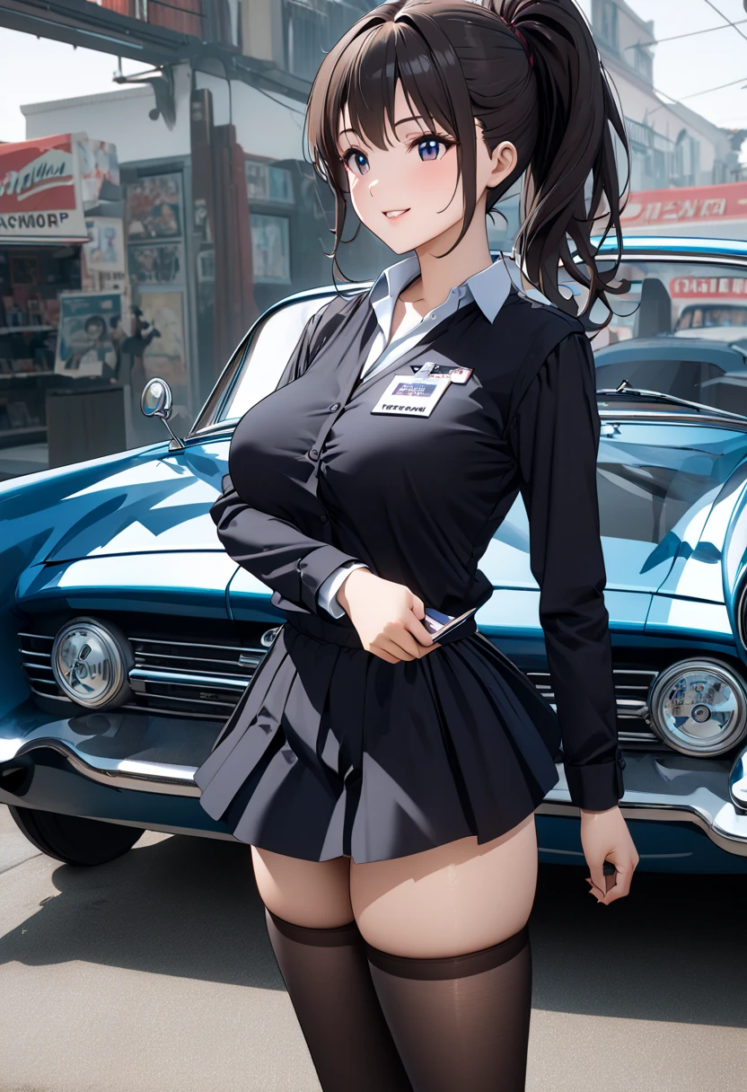  best quality、 Ultra Precise 、Detailed drawing、 vibrant colors、alone、Beautiful girl 、Age 30、classic car shop、table、Beautiful big boobs、 business suit、 shirt 、Name tag、 Mini Skirt、 black stockings、Catalog book in hand 、smile、Beautiful figure、 ponytail、Butt、 see here、 slender figure、Accurate depiction、 anime style illustration、
