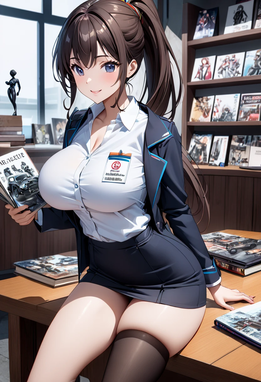  best quality、 Ultra Precise 、Detailed drawing、 vibrant colors、alone、Beautiful girl 、Age 30、classic car shop、table、Beautiful big boobs、 business suit、 shirt 、Name tag、 Mini Skirt、 black stockings、Catalog book in hand 、smile、Beautiful figure、 ponytail、Butt、 see here、 slender figure、Accurate depiction、 anime style illustration、
