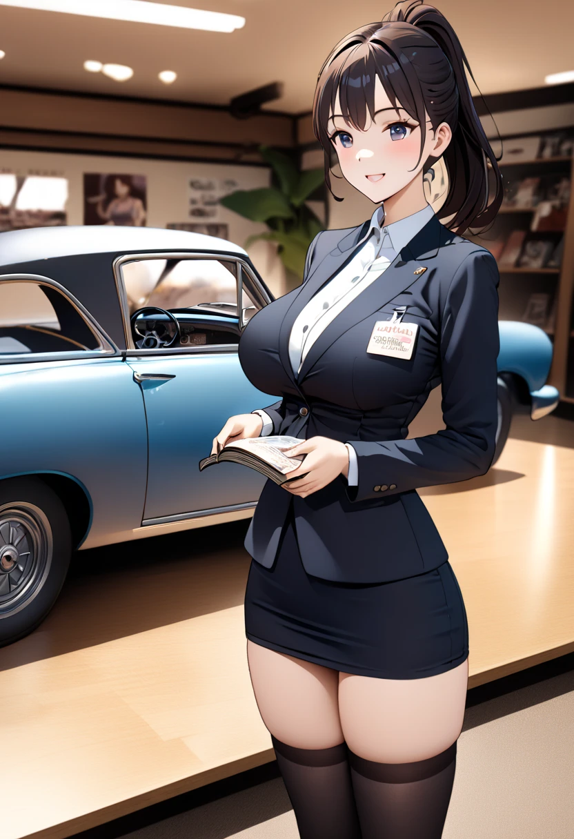  best quality、 Ultra Precise 、Detailed drawing、 vibrant colors、alone、Beautiful girl 、Age 30、classic car shop、table、Beautiful big boobs、 business suit、 shirt 、Name tag、 Mini Skirt、 black stockings、Catalog book in hand 、smile、Beautiful figure、 ponytail、Butt、 see here、 slender figure、Accurate depiction、 anime style illustration、
