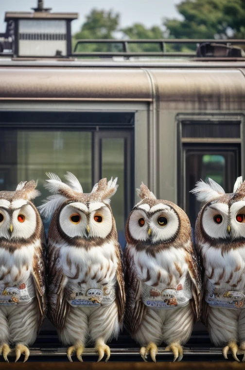 masterpiece:1.2， best quality， high definition ，8ｋ，Chibi character、Fluffy Feathers，((It looks like cute owls gathered in front of a train station in the countryside))， Details，A bustling station，Professional photography，