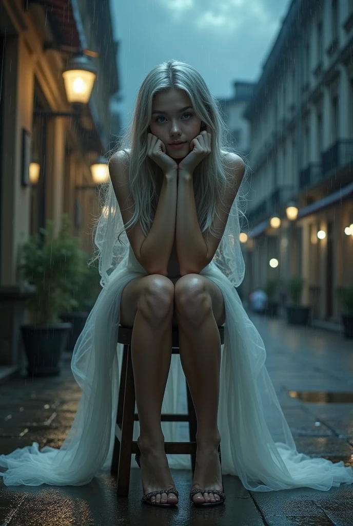 A photorealistic girl with a mesmerizing gaze, sitting on a high stool in the center of the town square, lean back, with folded arms on the chin, battered by a torrential windstorm and heavy rain, wrapped with a flowing long tulle scarf, showcasing flawless legs and heels, bending back,spread split legs, with flowing shiny silver long hair, white glow porcelain skin, set against a dark city sidewalk, with dimmed lights, mist, and dripping water, under the ominous glow of a full dark moon, her eyes locked intensely on the sky. close low angle shot, model,fashion,tulle sheet,girl,girl, super model, tall,proportional, beauty, stunning, fashion pose, low angle shot,nymph, sensual, proportional tall body, stunning pose, high resolution image of supermodel in bare skin, tulle robe, glowing skin,obvious nipples areola, proportional tall model, straighten leg,,chin up, low angle shot, front light,