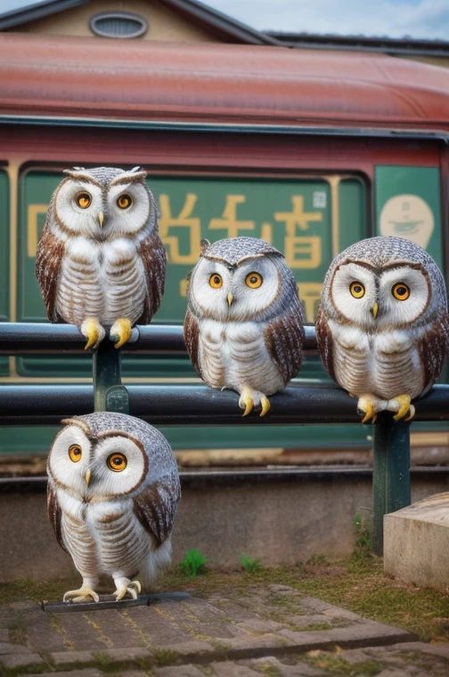 masterpiece:1.2， best quality， high definition ，8ｋ，Chibi character，((It looks like cute owls gathered in front of a train station in the countryside))， Details，A bustling station，Professional photography，