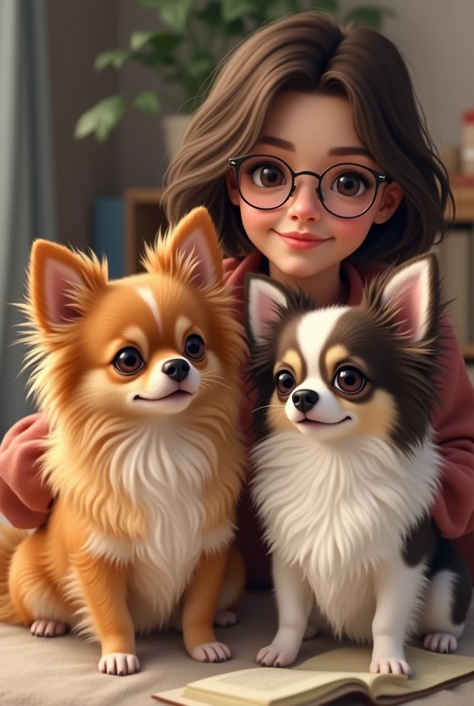 Chubby woman with short straight dark hair and glasses 7 black and brown chihuahua puppies