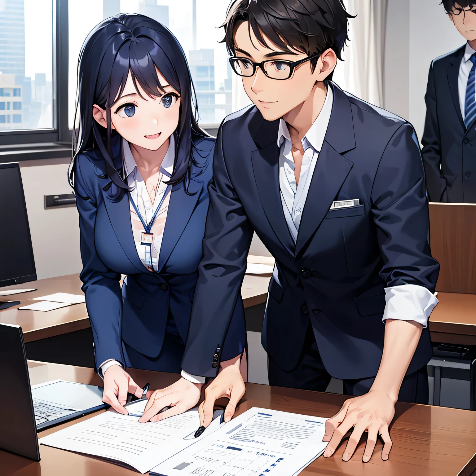 Top Quality, Best Quality, 1080p, 8K, Masterpiece, First Class, (Perfect Face), Professionals working in an office environment, one standing in the center looking at the camera, one on each side, one listening, one holding a pen, one reviewing recruitment material, one wearing stylish glasses, one slim 
One typing on a laptop, one man and woman in modern navy blue suits taking notes on paper, red string around neck, (employee ID card in rectangular clear case), modern desk with recruitment posters and calendar, city skyline in background, soft natural light illuminating the room, high resolution and detailed images ), smiling and serious faces conveying hiring motivation and career development, open mouths and full smiles.