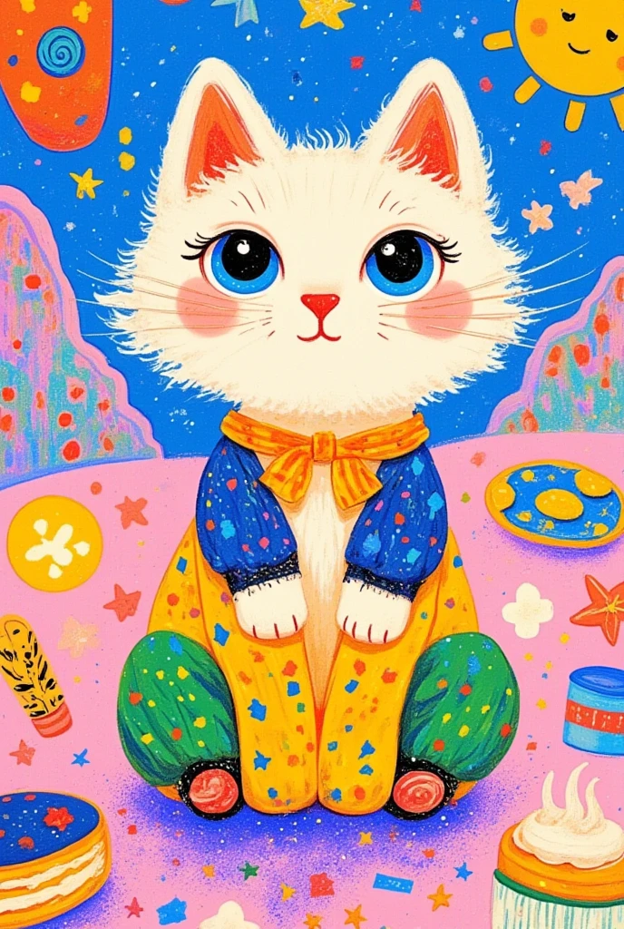 pretty illustration of cat, bright rustic palette, in the style of bold block prints, alice pattullo, Laurie hastings, claire halifax, soft, fauvist color explosions, miniature and small, paintings, stenciled iconography