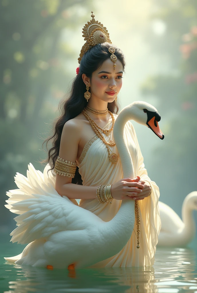 I most beautiful goddess were traditional Indian sari with sitting on swan 