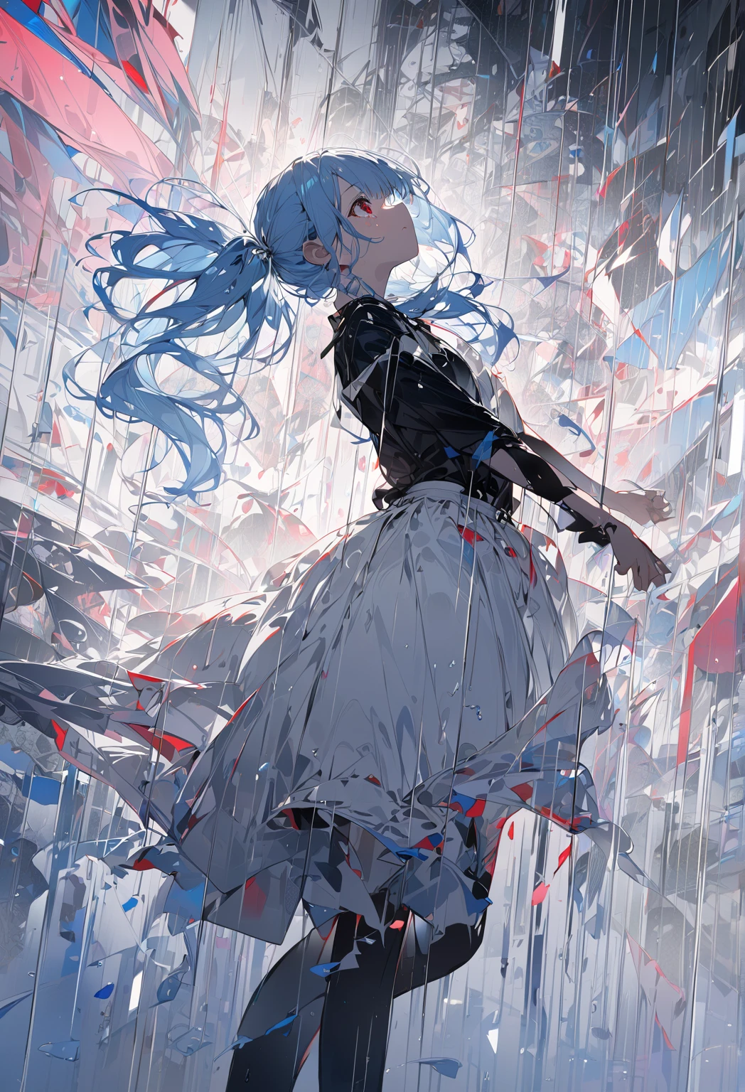 Beautiful young girl, red eyes,  black shirt 、 skirt、Dance with grace、  First Person View ,  light blue hair,  asymmetrical bang ,  side ponytail、Dim lighting、rain、rainの滴、tear up, from side,  super high resolution,  anatomically correct ,  super detailed