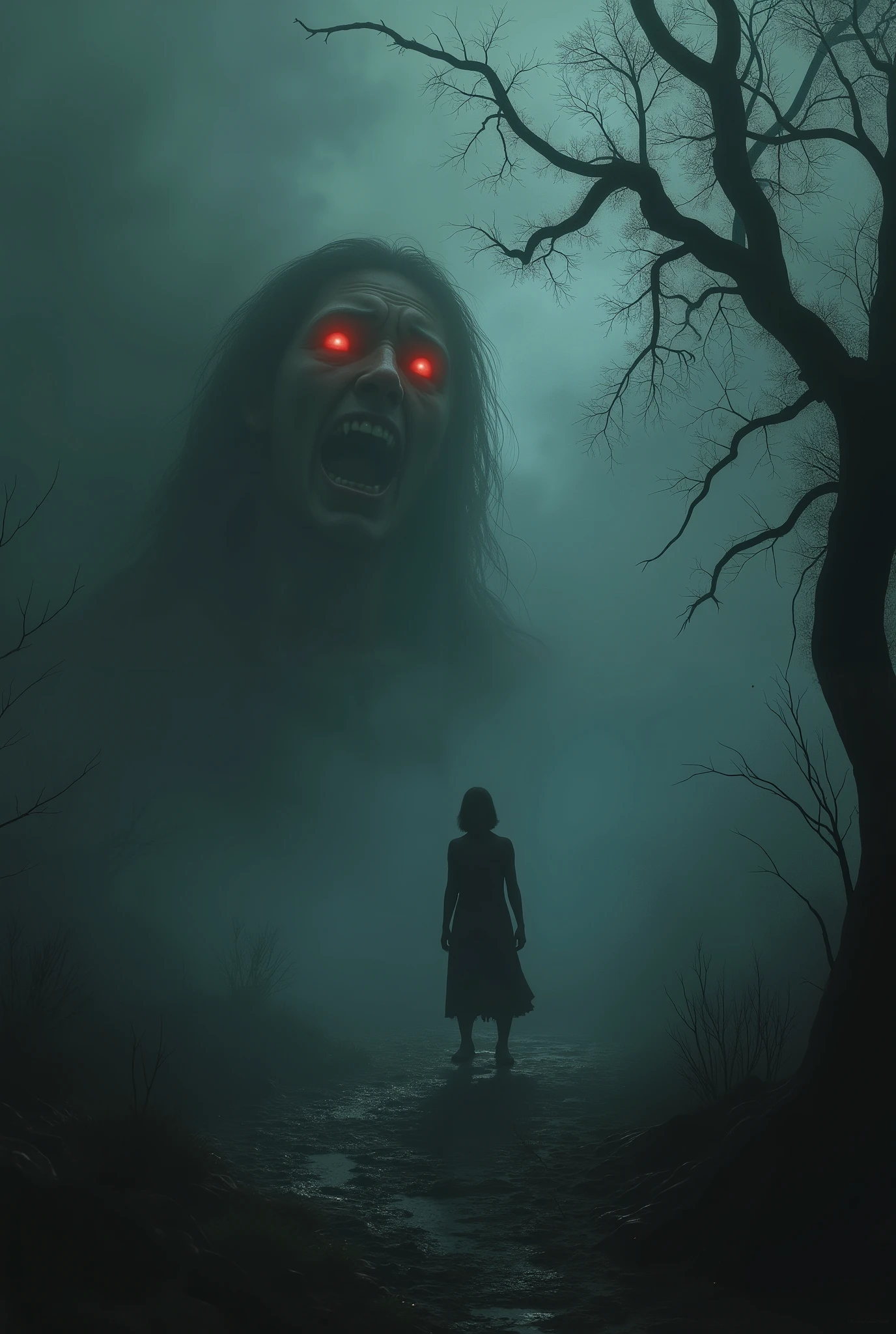 Image 4: The Shadow AppearsAs Radha turns around, she sees a shadowy figure slowly approaching her. The figure is vague, indistinct, and threatening.