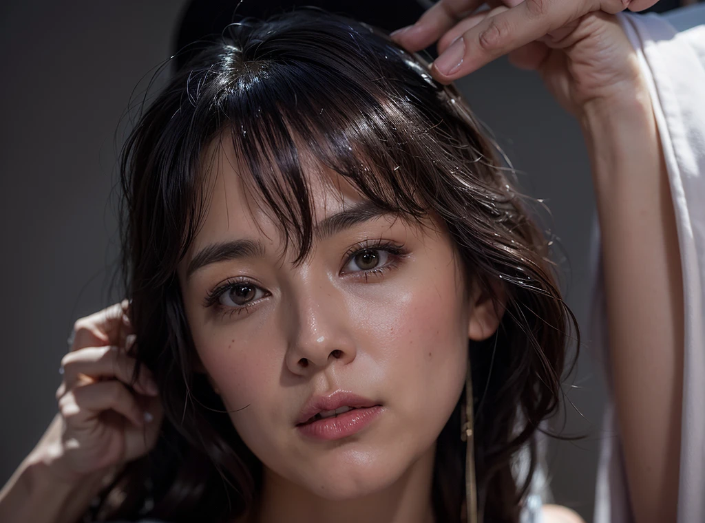 (highest quality, 8k, 32k, masterpiece, Ultra-high resolution: 1.2), Cute beautiful girl photo, princess pictures、A boyish and healthy beautiful girl、Obedient girl、Very short hair, Upper Body, Focus on the eyes,(Highly detailed skin texture、Beautiful Eyes、Detailed eyes)、(sweaty skin texture)、Tired and sleepy expression、 choker, Micro Bikini、(Improve the quality of your lighting)、