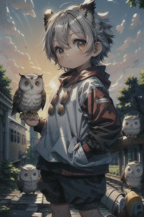 masterpiece:1.2， best quality， high definition ，8ｋ，Chibi character，((It looks like cute owls gathered in front of a train station in the countryside))， Details，A bustling station，Professional photography，