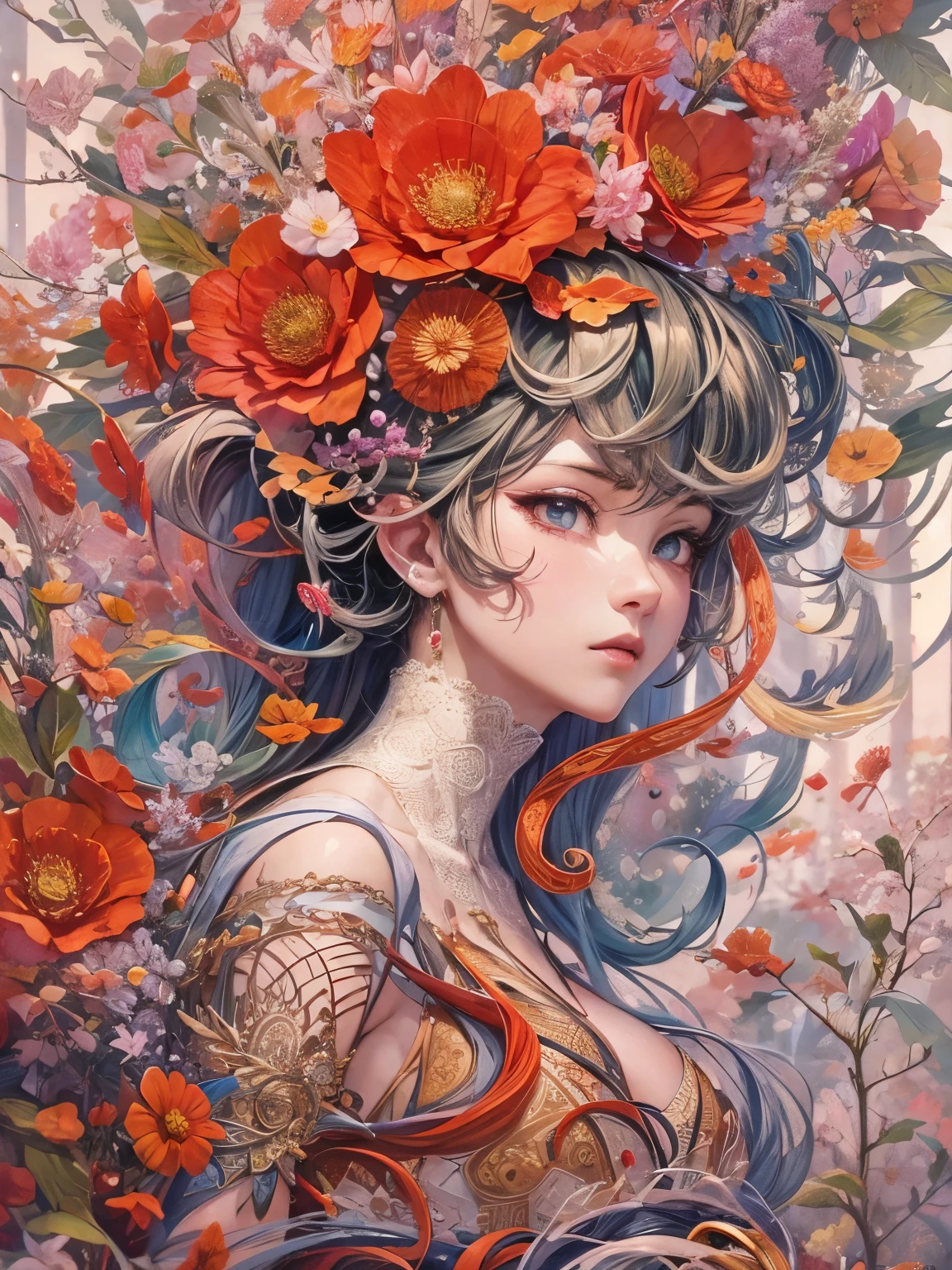  Official Art,  Unity 8K Wallpaper,  super detailed, beautiful、And aesthetic ,   Masterpiece ,  best quality, (zenTangle, Mandala, Tangle, enTangle), ( fractal art:1.3) ,  1 girl, Red Flower,   Very detailed,  dynamic angle,  Cowboy Shots , 混沌の最もbeautiful形,  elegant , a brutalist designed鮮やかな色, Romanticism, James Jean,  Robbie Dwy-Antono, Ross Tran, Francis Bacon, It was freezing cold, Adrian&#39;s genius,  Petra Courtright ,  Gerhard Richter , Takato Yamamoto , Ashley Wood, atmosphere