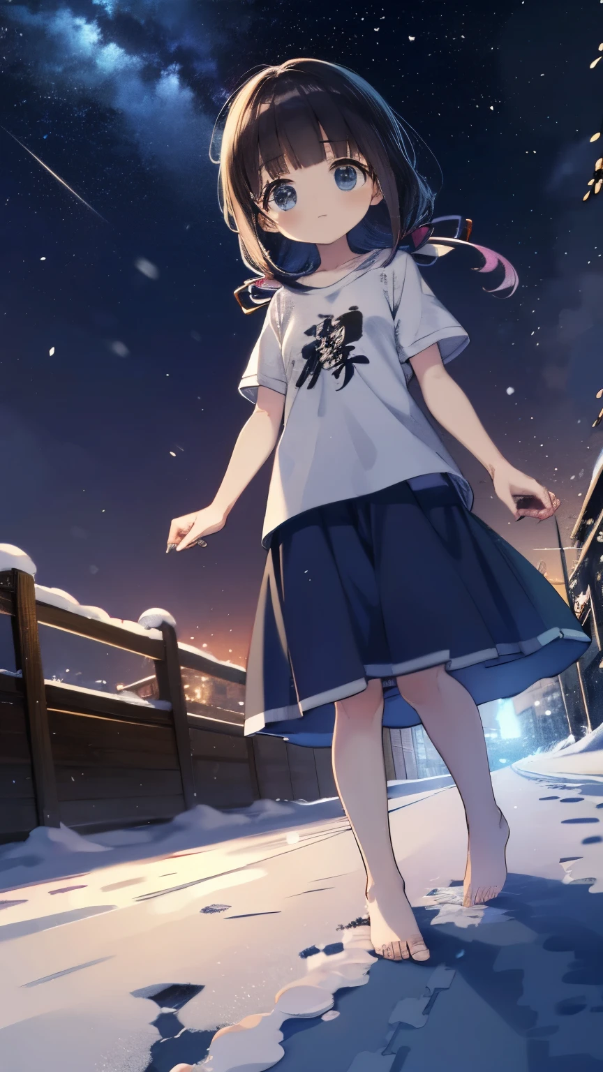 Hinatsuru Ai, gray shirt only, t-shirt, barefoot, looking at viewer,  high resolution ,  best quality , UHD, langes Haar, low angle, standing in the snow, evening outside, freezing, snowfall, city lights far away, stars, night sky, path covered in snow, footprints, 1 girl, Alone, 