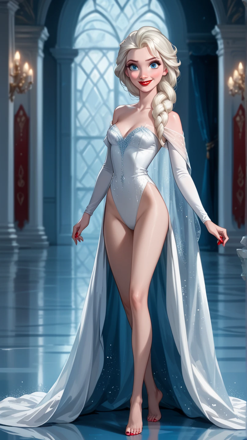 score_9, score_8_up, score_7_up, score_6_up, rating_safe, full body frontal view, 1girl, BREAK ((Disney princess Elsa, girl, solo, white loose and straight hair, thin face, blue eyes, red lips, smiling, fair skin, slim body, Elsa detailed exactly as original Disney character)), BREAK ((Disney Elsa running naked, watching a viewer, showing her buttocks, in an elegant ballroom),indoor, elegant alcove, shallow depth of field, vignette, highly detailed, high budget, moody, epic, gorgeous, film grain, grainy, midnight, beautiful eyes, highly detailed eyes, barefoot, best quality, masterpiece.