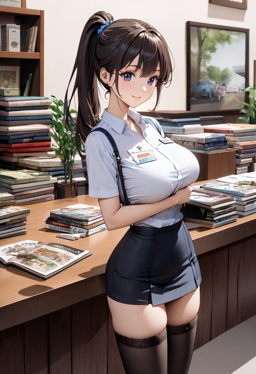  best quality、 Ultra Precise 、Detailed drawing、 vibrant colors、alone、Beautiful girl 、Age 30、classic car shop、table、Beautiful big boobs、 business suit、 shirt 、Name tag、 Mini Skirt、 black stockings、Catalog book in hand 、smile、Beautiful figure、 ponytail、Butt、 see here、 slender figure、Accurate depiction、 anime style illustration、
