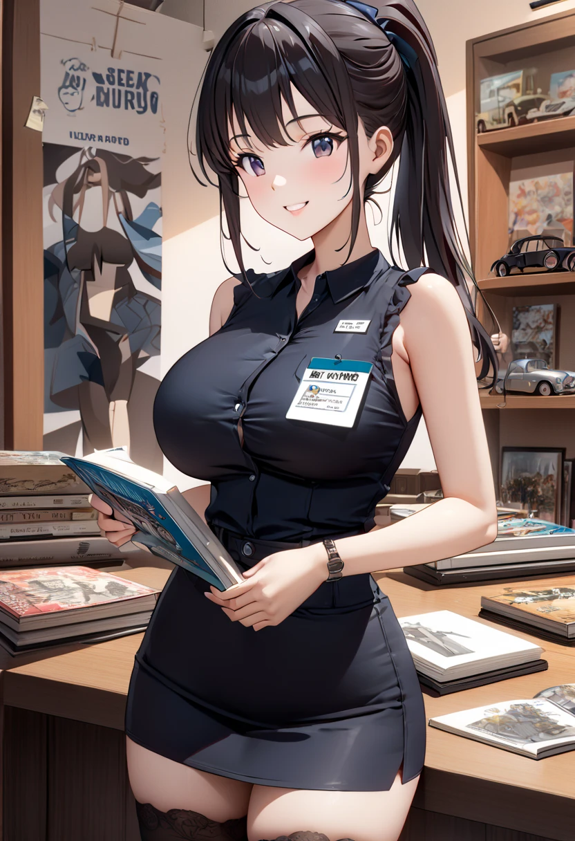  best quality、 Ultra Precise 、Detailed drawing、 vibrant colors、alone、Beautiful girl 、Age 30、classic car shop、table、Beautiful big boobs、 business suit、 shirt 、Name tag、 Mini Skirt、 black stockings、Catalog book in hand 、smile、Beautiful figure、 ponytail、Butt、 see here、 slender figure、Accurate depiction、 anime style illustration、
