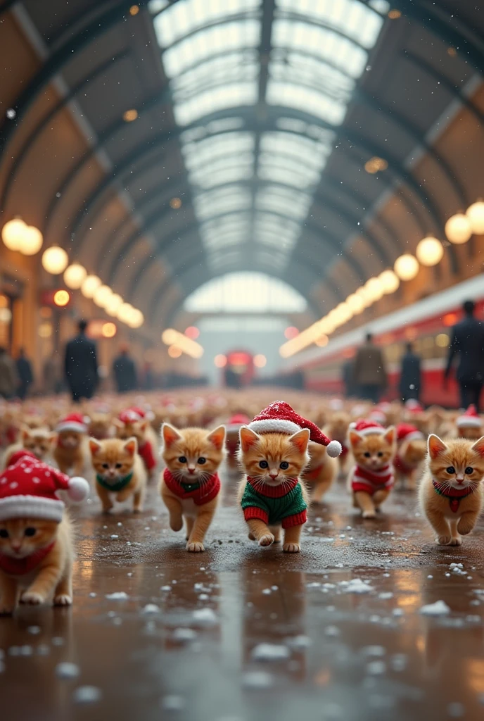 1000 cutest kittens in the world dressed as they move busily at the London train station、((Realistic:1.3))、Snow is falling、 merry christmas