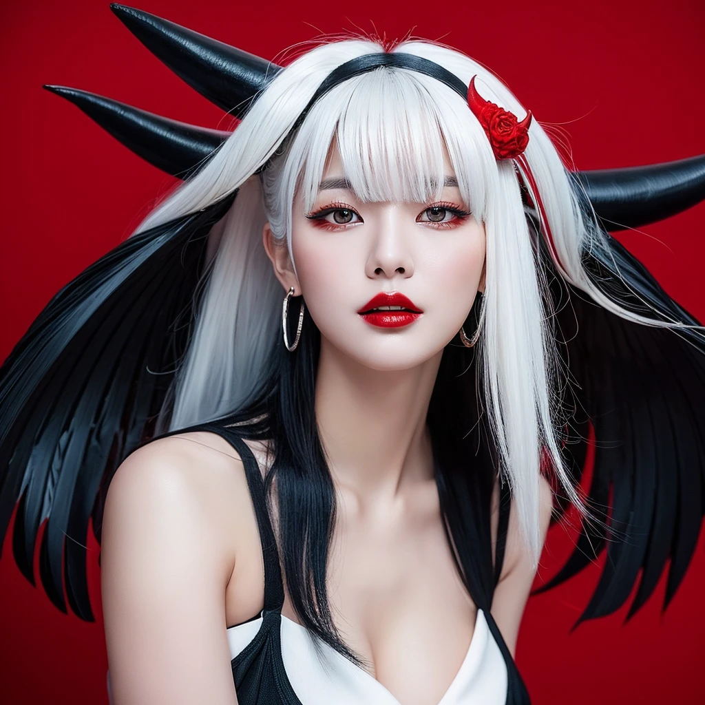 there is a woman with white hair and red horns on her head, Cosplay de garota de anime, cosplay de anime, white horned queen demon, anime-inspired, mika kurai demon, white hime cut hairstyle, ahegao, anime girl in real life, cosplay, cosplayer dressed as a crab, professional cosplay, tifa lockhart with white hair, demon anime girl, shikamimi