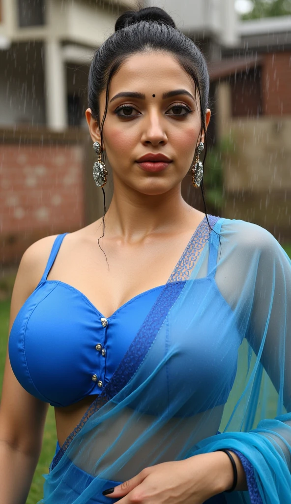 Looking at the viewer with sexy look, front view,Indian sexy bhabhi, wearing royal blue transparent glossy saree,tight royal bule transparent sleevless strapless bra, dancing outside in rain,dripped wet in rain, half drape saree,both hands on head showing dark hairy armpits,detailed wet skin,with hands up, showing dark armpits,showing nipple pokies flat stomach, popping out,Indian mature sexy voluptuous shape figure bhabhi 35 years old, big enomours gigantic humgous breast,hair bun,big ass,big bust,big breast,showing deep huge cleavage,big fluffy breast coming out of tight string blouse,showing navel,(best quality,4k,8k,highres,masterpiece:1.2), ultra-detailed, (realistic,photorealistic,photo-realistic:1.37), detailed eyes, detailed lips, extremely detailed face, long eyelashes, realistic skin, beautiful colors, natural lighting, elegant pose, cinematic composition, detailed fabric,no jewellery