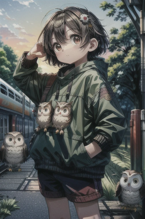 masterpiece:1.2， best quality， high definition ，8ｋ，Chibi character，((It looks like cute owls gathered in front of a train station ticket gate in the countryside))， Details，Directly in front of the car，Professional photography，